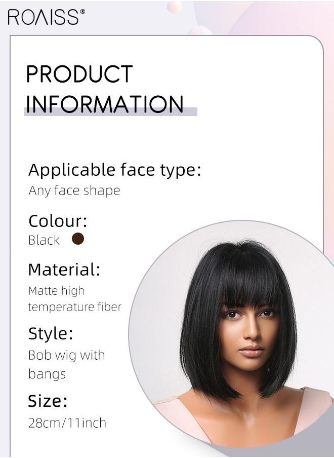 roaiss Black Bob Wig with Bangs, Short Hair Wig for Women, Straight Synthetic Natural Heat Resistant Fiber Wigs as Real Hair for Daily Wear, Party, Costume, Cosplay, 28cm (11 inches）  - Image 3