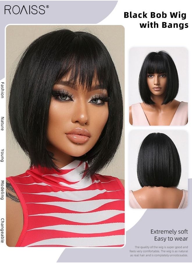 roaiss Black Bob Wig with Bangs, Short Hair Wig for Women, Straight Synthetic Natural Heat Resistant Fiber Wigs as Real Hair for Daily Wear, Party, Costume, Cosplay, 28cm (11 inches）  - Image 1