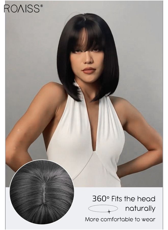 roaiss Black Bob Wig with Bangs, Short Hair Wig for Women, Straight Synthetic Natural Heat Resistant Fiber Wigs as Real Hair for Daily Wear, Party, Costume, Cosplay, 28cm (11 inches）  - Image 2