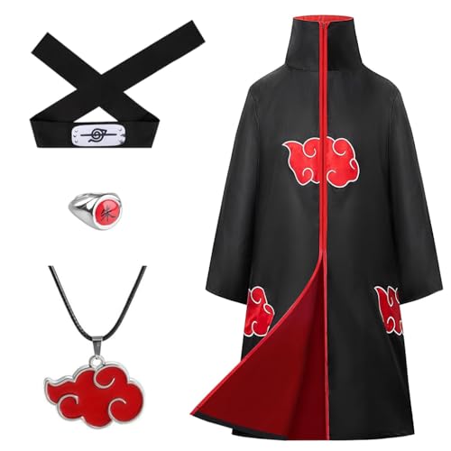 PATPAT® Akatsuki Costume Akatsuki Cloak Set of 4Pcs, Anime Cosplay itachi costume for Women Men with Headband Necklace & Ring for Halloween, Cosplay, Party - Size XL - Image 1