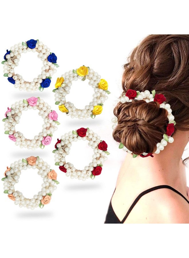 Sanas Rubber Bands 5Pcs Fancy Hair Bands For Girls Hair Ties For Women Ponytail Holder Bow For Girls Pearl Flower Hair Scrunchies Hair Accessories Elastic Rubber Bands Multicolours 5Pcs - Image 1