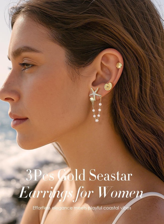 SYGY 3 Pairs Starfish Earrings for Women, Mini Gold Starfish, Conch & Shell Stackable Earrings Set, Dainty Layered Beach Studs for Women, Summer Vacation Coastal Jewelry - Image 5