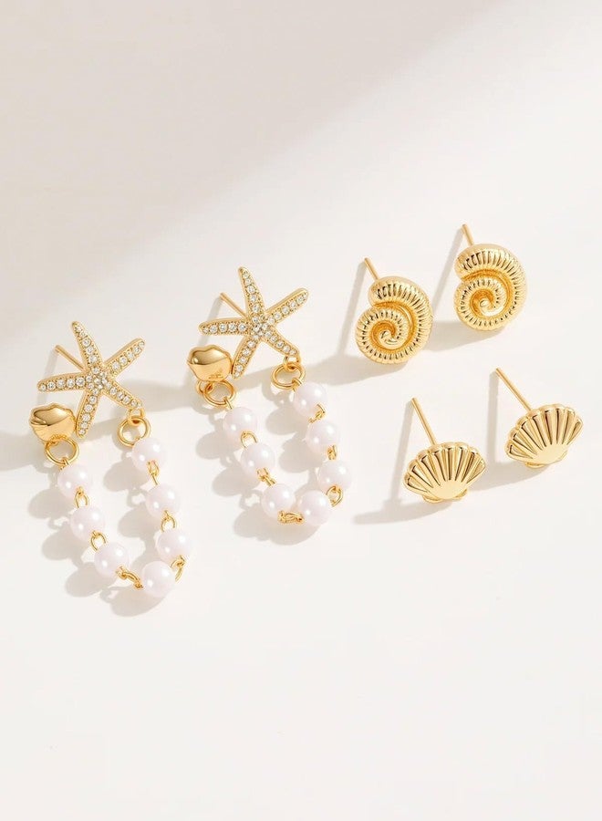SYGY 3 Pairs Starfish Earrings for Women, Mini Gold Starfish, Conch & Shell Stackable Earrings Set, Dainty Layered Beach Studs for Women, Summer Vacation Coastal Jewelry - Image 2