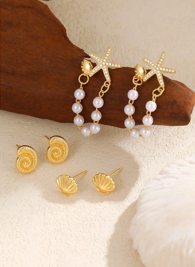 SYGY 3 Pairs Starfish Earrings for Women, Mini Gold Starfish, Conch & Shell Stackable Earrings Set, Dainty Layered Beach Studs for Women, Summer Vacation Coastal Jewelry - Image 4