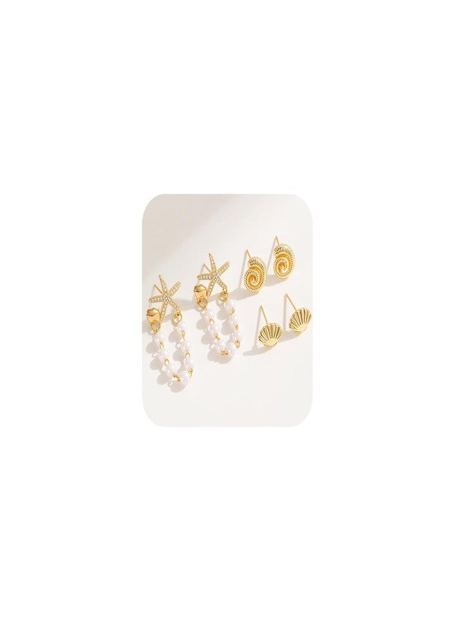 SYGY 3 Pairs Starfish Earrings for Women, Mini Gold Starfish, Conch & Shell Stackable Earrings Set, Dainty Layered Beach Studs for Women, Summer Vacation Coastal Jewelry - Image 1