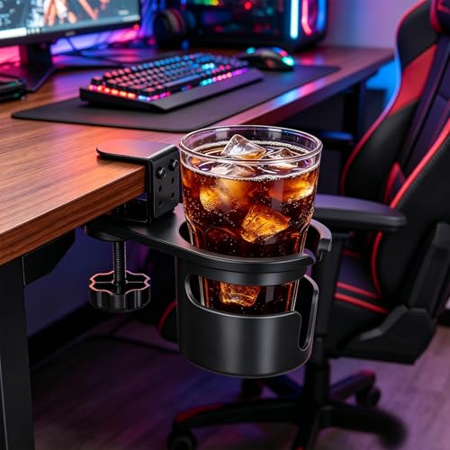 MYITYARD Desk Cup Holder Clamp AntiSpill Clip On Table Cup Holder Rotatable Water Bottle Stand Drink Coffee Mug Storage Office Accessories for Home and School Black - Image 3