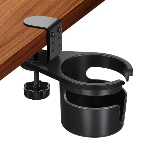 MYITYARD Desk Cup Holder Clamp AntiSpill Clip On Table Cup Holder Rotatable Water Bottle Stand Drink Coffee Mug Storage Office Accessories for Home and School Black - Image 1