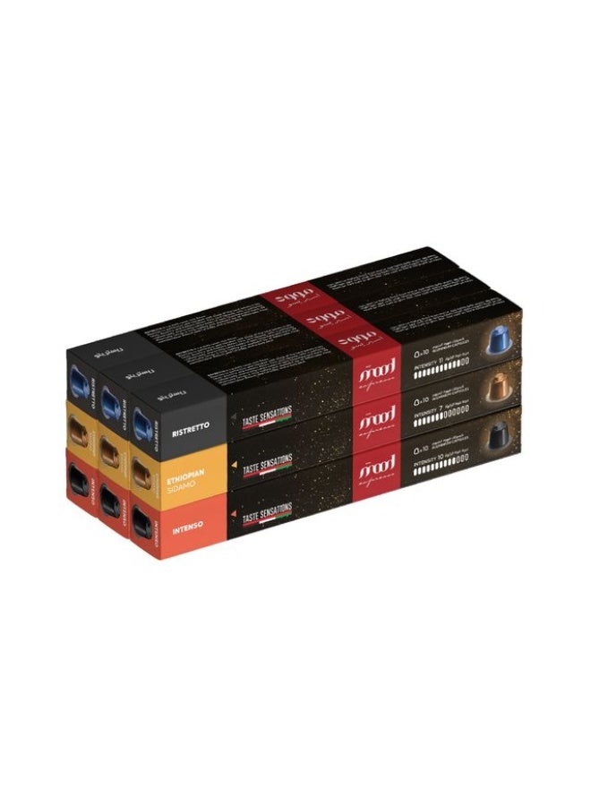 Nespresso Compatible Capsules (3 Flavors: Intenso, Ethiopian Sidamo, Ristretto), Pack of 9 (90 Capsules)