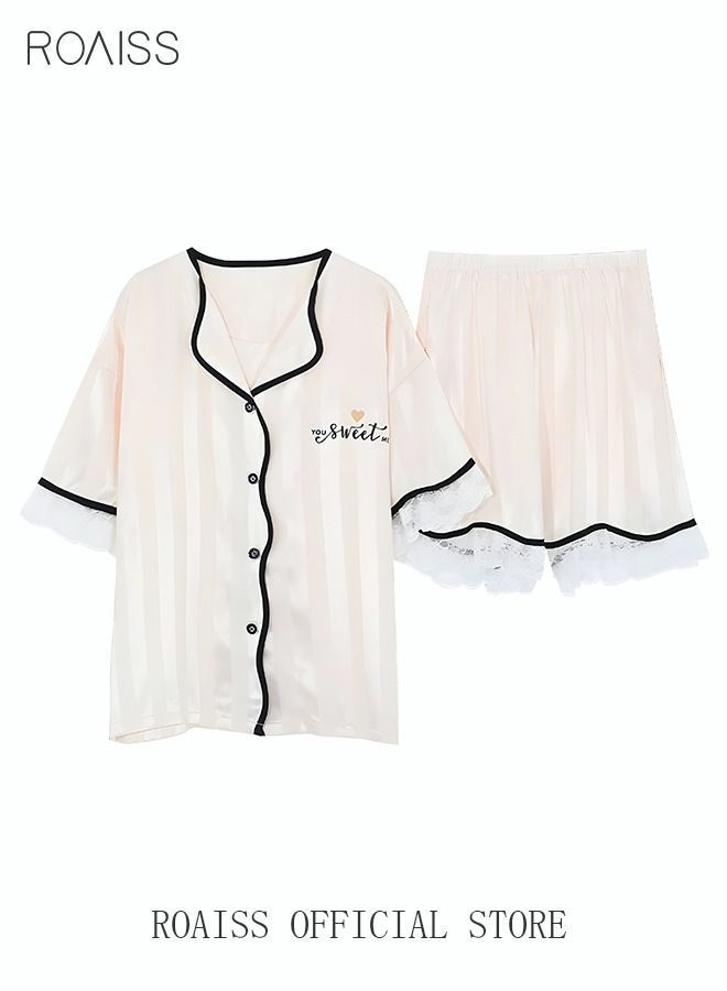 NIBEMINENT 2 Piece Pajama Set Women's Short Sleeve Shorts Girls Lace Stripes Sleepwear Sets Ladies Loungewear Soft Home Wearing Clothes Spring Summer Nightwear Creamy White  - Image 1