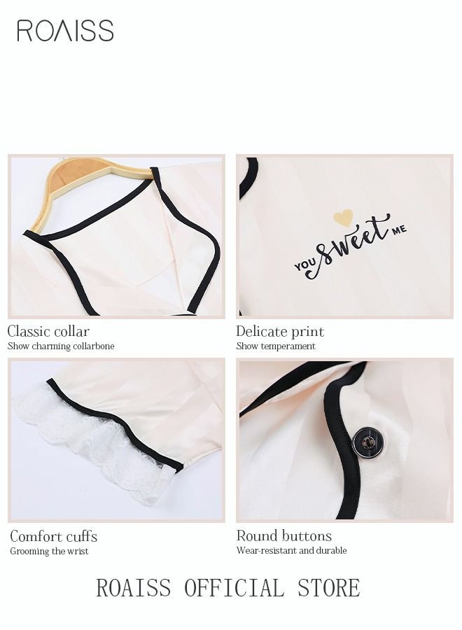 NIBEMINENT 2 Piece Pajama Set Women's Short Sleeve Shorts Girls Lace Stripes Sleepwear Sets Ladies Loungewear Soft Home Wearing Clothes Spring Summer Nightwear Creamy White  - Image 5