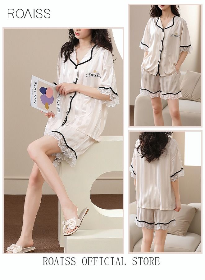 NIBEMINENT 2 Piece Pajama Set Women's Short Sleeve Shorts Girls Lace Stripes Sleepwear Sets Ladies Loungewear Soft Home Wearing Clothes Spring Summer Nightwear Creamy White  - Image 2