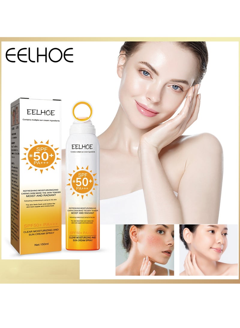 EELHOE CLEAR MOISTURIZING AND SUN CREAM SPRAY SPF50+ PA+, REFRESHING MOISTURIZING  AND CARING SKIN MAKE THE SKIN TENDER MOIST AND RADIANT, Refreshing Moisturizing & Caring for the Skin, The Skin Feels Fresh and Makes the Skin look Supple and Moisturized, to Prevent Uv Damage to The Skin, Summer for Both Men And Women150ml - Image 1