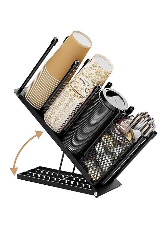 ميكسد حامل الكأس وغطاء ، قابل للتعديل حامل فنجان القهوة منظم 4 مقصورات كأس المتاح موزع ، سلة تخزين مع سترو حبوب البن ، ومناسبة للقهوة الوقوف بار كونترتوب صالة معدنية سوداء - Image 1