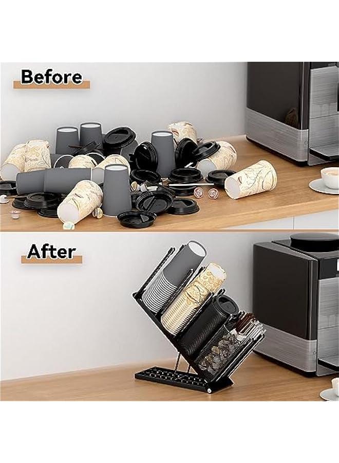 ميكسد حامل الكأس وغطاء ، قابل للتعديل حامل فنجان القهوة منظم 4 مقصورات كأس المتاح موزع ، سلة تخزين مع سترو حبوب البن ، ومناسبة للقهوة الوقوف بار كونترتوب صالة معدنية سوداء - Image 2