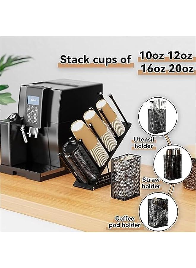 ميكسد حامل الكأس وغطاء ، قابل للتعديل حامل فنجان القهوة منظم 4 مقصورات كأس المتاح موزع ، سلة تخزين مع سترو حبوب البن ، ومناسبة للقهوة الوقوف بار كونترتوب صالة معدنية سوداء - Image 4
