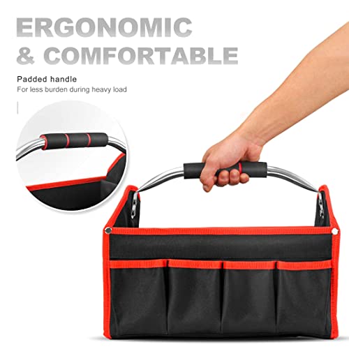 HAUTMEC 13 Inch Tool Bag, Foldable Open Top Tool Tote with Stiff Frame, 8 Pockets, Water-Resistant Molded Base & Padded Handle, Portable Electrician Tool Organizer for DIY & Jobsite Use – TB0001 - Image 5