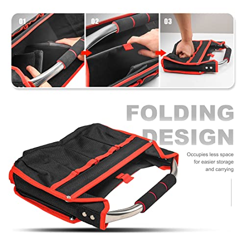 HAUTMEC 13 Inch Tool Bag, Foldable Open Top Tool Tote with Stiff Frame, 8 Pockets, Water-Resistant Molded Base & Padded Handle, Portable Electrician Tool Organizer for DIY & Jobsite Use – TB0001 - Image 4