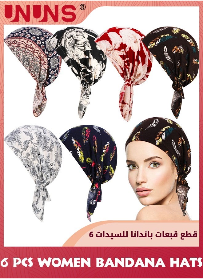 UNUNS Women Bandana Hats,6 Pieces Boho Headbands,Stretch Print Wrap Head Beanies Covers Caps,Ruffle Tie Head Wide Headband,Windproof Scarf Wearing Accessories,Yoga Workout Head Bands  - Image 1