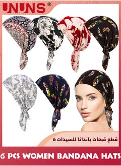 UNUNS Women Bandana Hats,6 Pieces Boho Headbands,Stretch Print Wrap Head Beanies Covers Caps,Ruffle Tie Head Wide Headband,Windproof Scarf Wearing Accessories,Yoga Workout Head Bands  - Image 1