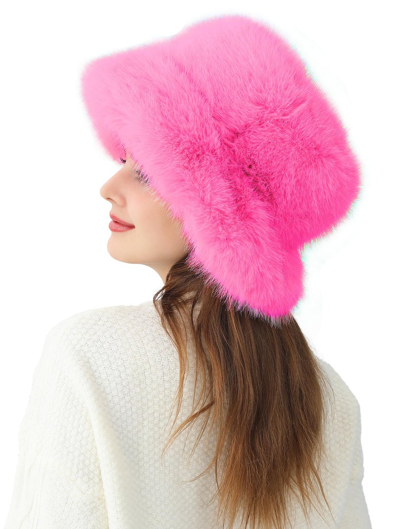 LA CARRIE Women's Fuzzy Wide Brim Faux Fur Bucket Hat Winter Warmer Fisherman Cap(Light Pink) - Image 5