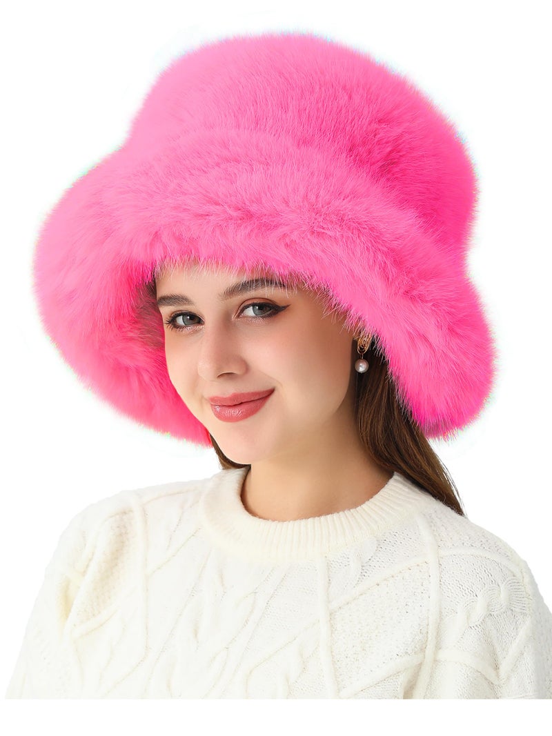 LA CARRIE Women's Fuzzy Wide Brim Faux Fur Bucket Hat Winter Warmer Fisherman Cap(Light Pink) - Image 4