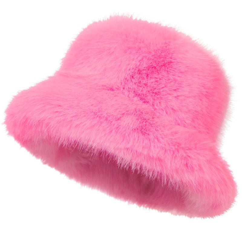 LA CARRIE Women's Fuzzy Wide Brim Faux Fur Bucket Hat Winter Warmer Fisherman Cap(Light Pink) - Image 1