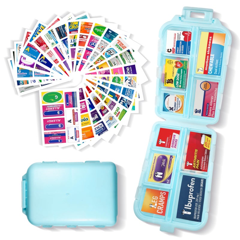 YIXIAN Pill Organizer with Medicine Labels 161 Labels Travel Daily Pill Container Mini Medication Organizer Storage Pill Organizer Travel Essentials Pill Case 7 Day (Blue, 1 Pack) - Image 1