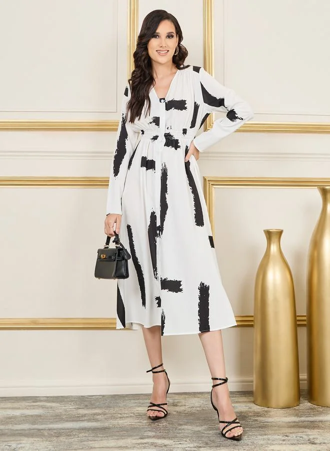 Styli Abstract Print Smocked Waist Shirt Midi Dress