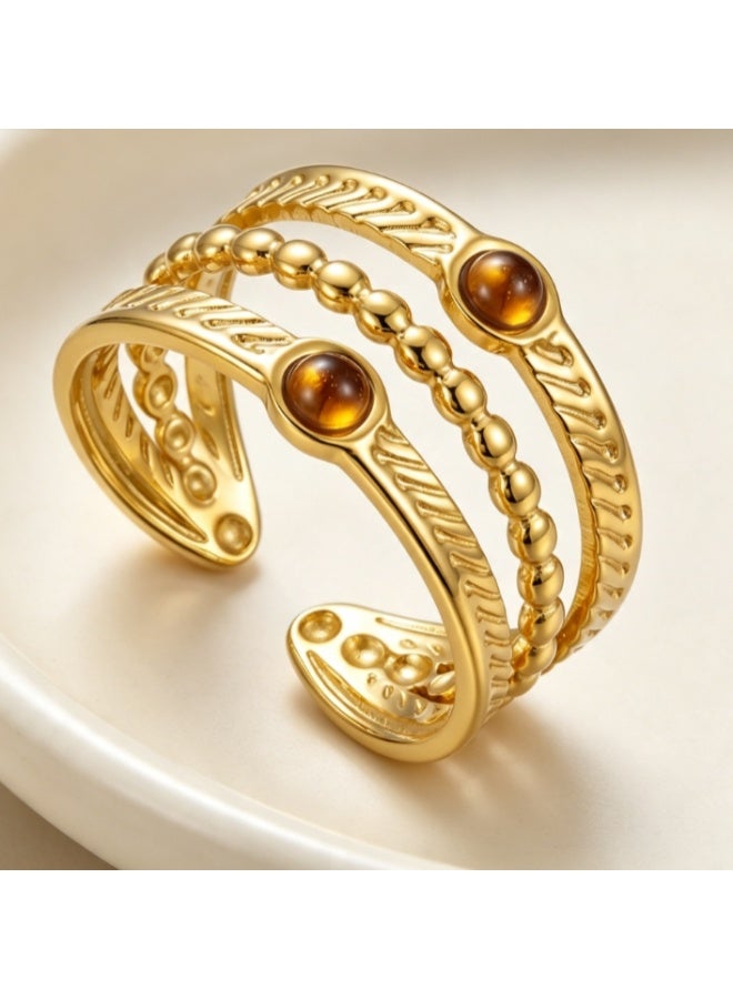 LATEEN 18K Gold Plated Stainless Steel Tiger Eye Open Ring, Luxury LED Light Jewelry Box, Multi-Layer Beaded Statement Ring for Women, Elegant Gift for Birthday Anniversary - Image 2