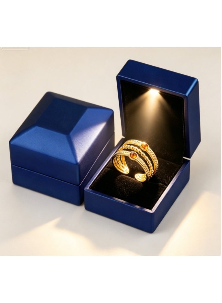 LATEEN 18K Gold Plated Stainless Steel Tiger Eye Open Ring, Luxury LED Light Jewelry Box, Multi-Layer Beaded Statement Ring for Women, Elegant Gift for Birthday Anniversary - Image 1