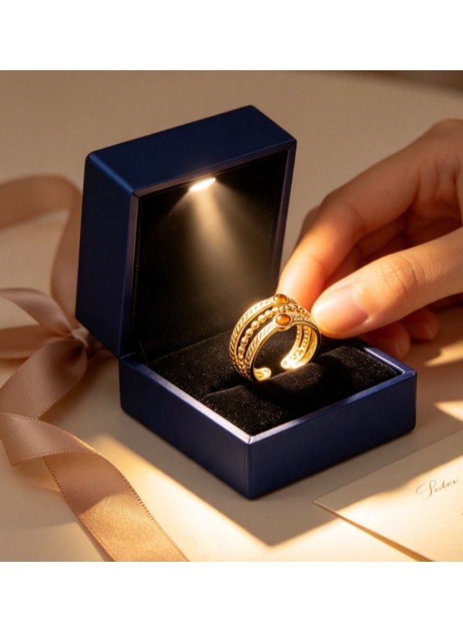 LATEEN 18K Gold Plated Stainless Steel Tiger Eye Open Ring, Luxury LED Light Jewelry Box, Multi-Layer Beaded Statement Ring for Women, Elegant Gift for Birthday Anniversary - Image 4