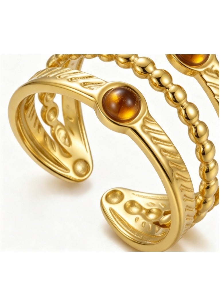 LATEEN 18K Gold Plated Stainless Steel Tiger Eye Open Ring, Luxury LED Light Jewelry Box, Multi-Layer Beaded Statement Ring for Women, Elegant Gift for Birthday Anniversary - Image 3