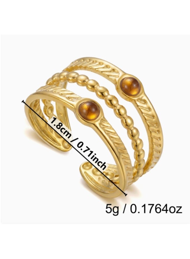LATEEN 18K Gold Plated Stainless Steel Tiger Eye Open Ring, Luxury LED Light Jewelry Box, Multi-Layer Beaded Statement Ring for Women, Elegant Gift for Birthday Anniversary - Image 5