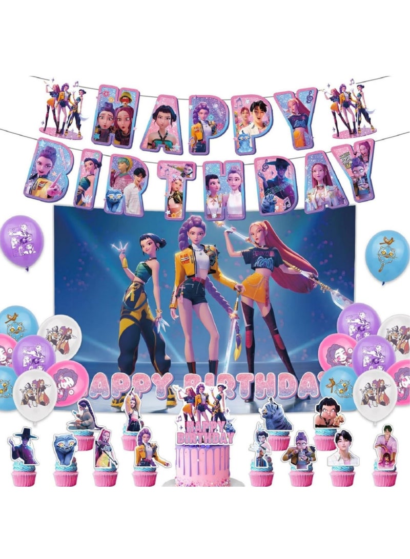 saykfoe Demon Hunters Birthday Decorations Set - Includes Backdrop, Happy Birthday Banner, 16Balloons, 12 Cupcake Toppers & Large Cake Topper for Boys Girls Kpop Party Supplies - Image 1