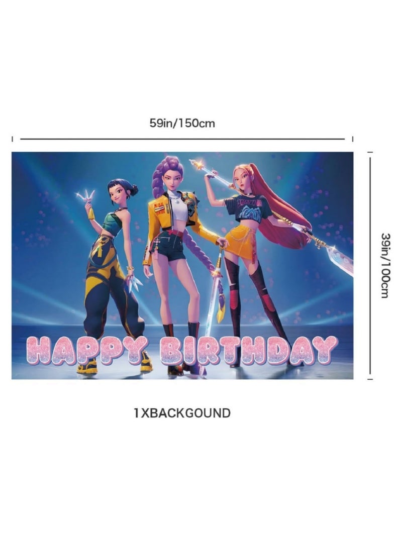 saykfoe Demon Hunters Birthday Decorations Set - Includes Backdrop, Happy Birthday Banner, 16Balloons, 12 Cupcake Toppers & Large Cake Topper for Boys Girls Kpop Party Supplies - Image 3