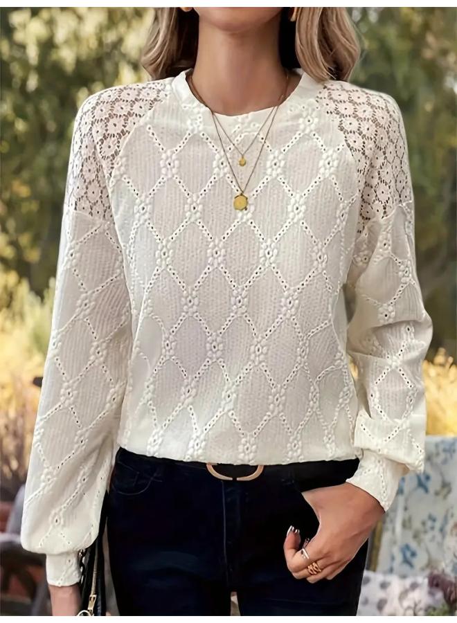 Song Feng Ya European And American Women's Lace Stitching Long Sleeve Top, Elegant Solid Color Round Neck Hollow T-shirt Women 