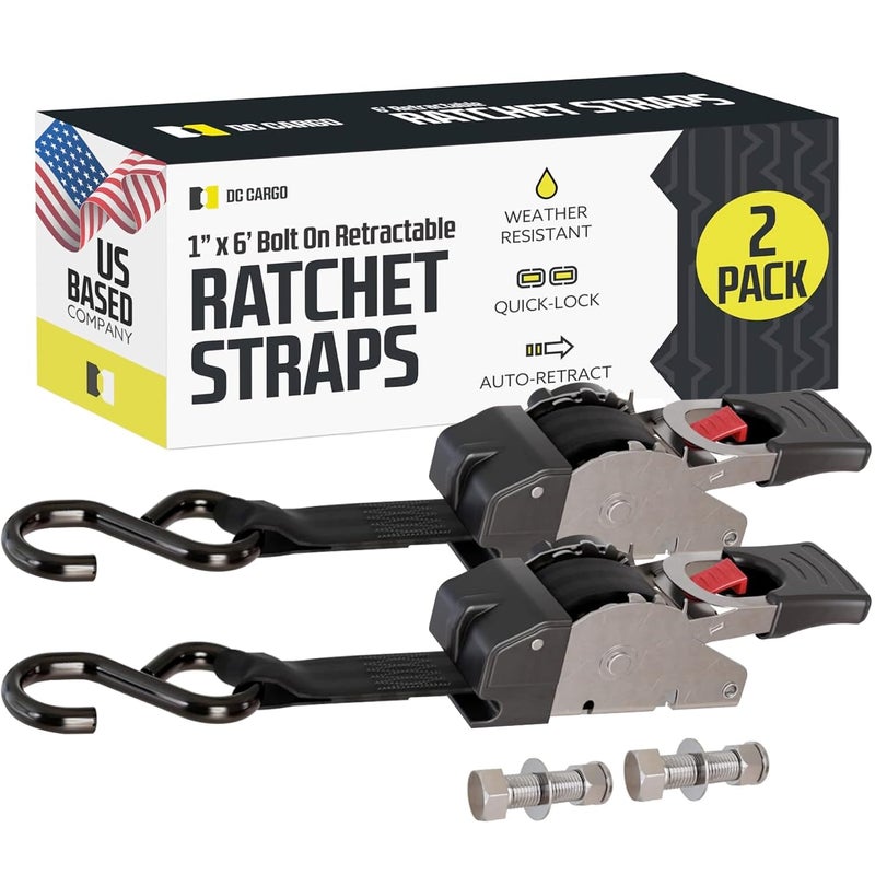 DC Cargo Mall Bolt-on Auto Retractable Ratchet Straps - (2 Pack) 1 Inch x 6 Ft - 600 lbs Break Strength - Retractable Ratchet Tie Down Straps for Boats, Jet Skis, Motorcycles, ATVs - Image 1
