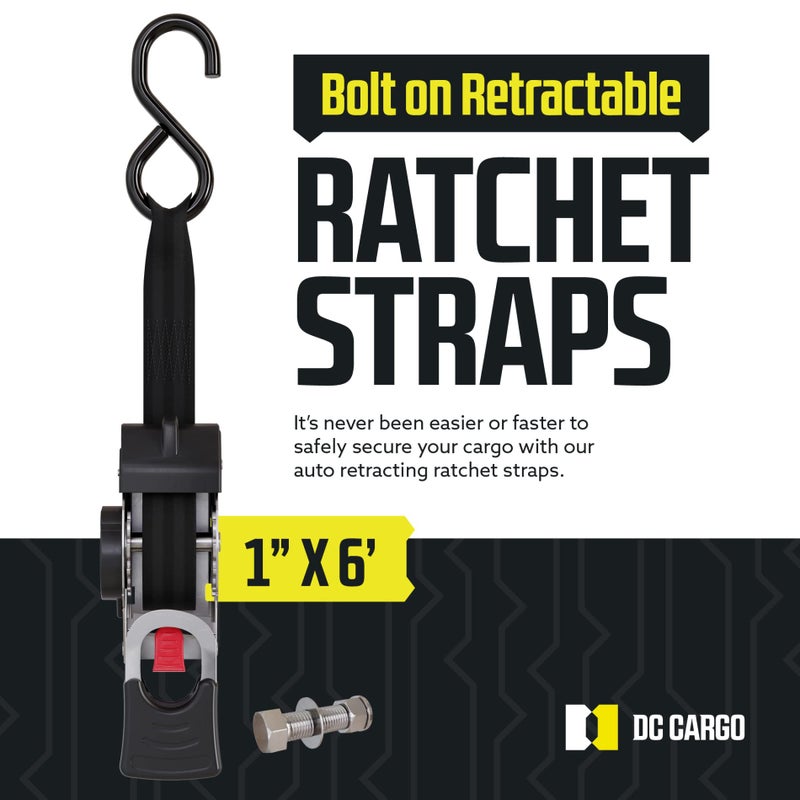 DC Cargo Mall Bolt-on Auto Retractable Ratchet Straps - (2 Pack) 1 Inch x 6 Ft - 600 lbs Break Strength - Retractable Ratchet Tie Down Straps for Boats, Jet Skis, Motorcycles, ATVs - Image 2