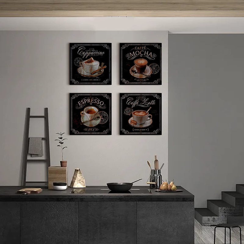 sunfrower Kitchen Wall Art Coffee Wall Art Vintage Brown Black Cafe Pictures Dining Room Bar Wall Decor Modern Artwork Canvas Bean Coffee Shop Sign Painting Family Restaurant Fireplace Home Decoration 12x12" 4P - Image 3