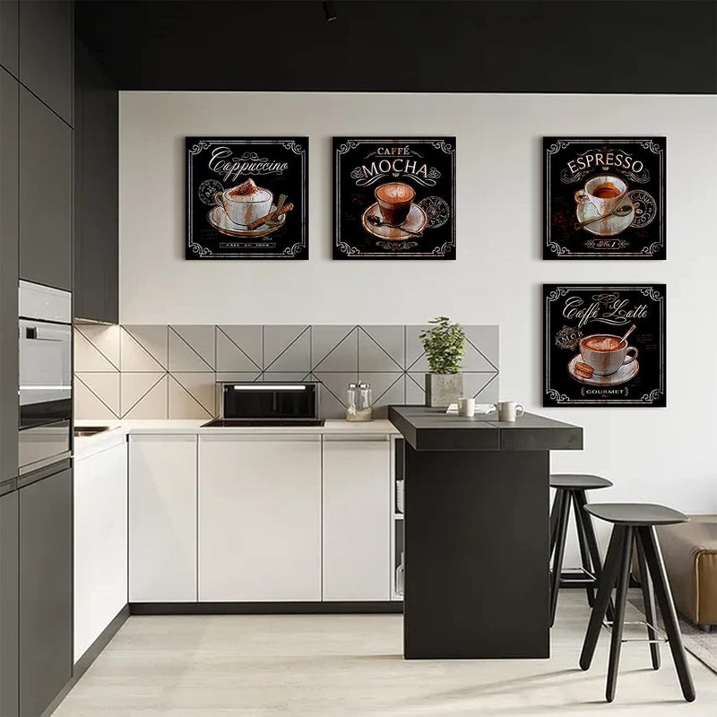 sunfrower Kitchen Wall Art Coffee Wall Art Vintage Brown Black Cafe Pictures Dining Room Bar Wall Decor Modern Artwork Canvas Bean Coffee Shop Sign Painting Family Restaurant Fireplace Home Decoration 12x12" 4P - Image 2