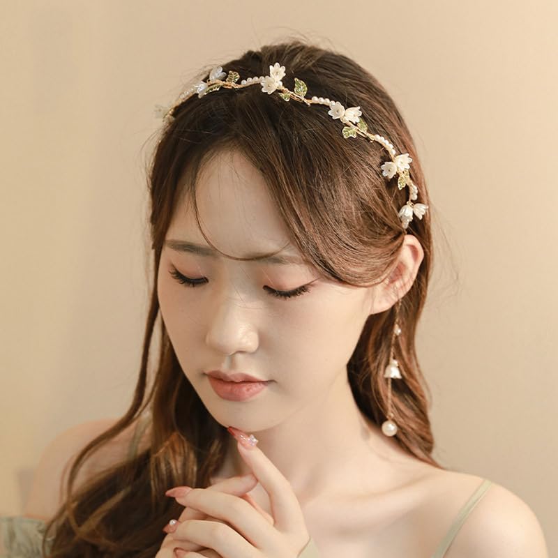 AHONEY Flower Headband for Women Girls Hair Vine Gold Leaf Boho Headband Wedding Fairy Accessories Headpiece Bridal Crown (Floral) - Image 4