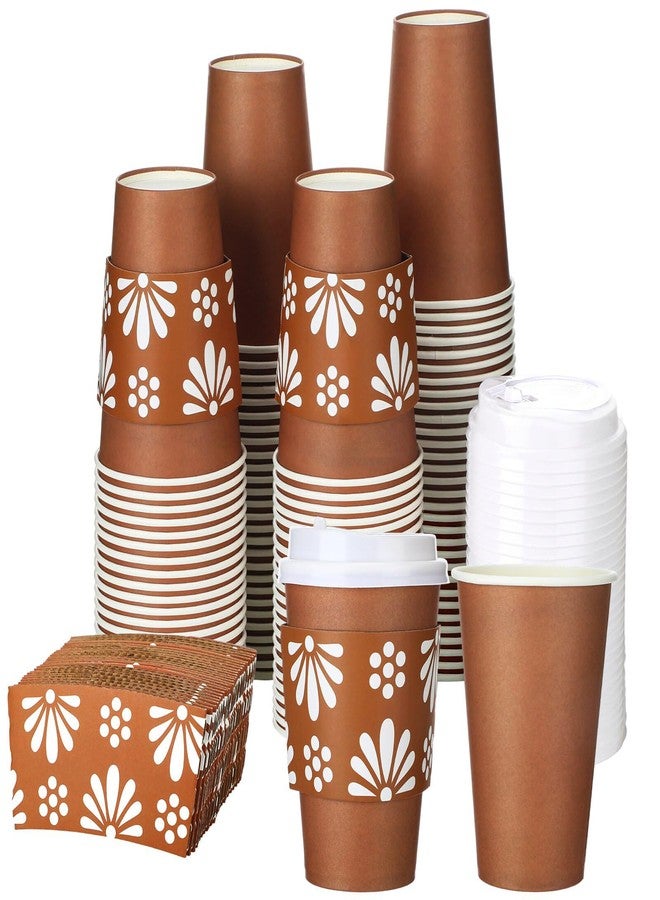 Jingmore 100 Sets 12oz Cielito Lindo De Barro Mexican Coffee Cups with Lids and Sleeves Terracotta Flower Disposable Paper Cups for Birthday Wedding Party Supply(Mexican,Brown) - Image 1