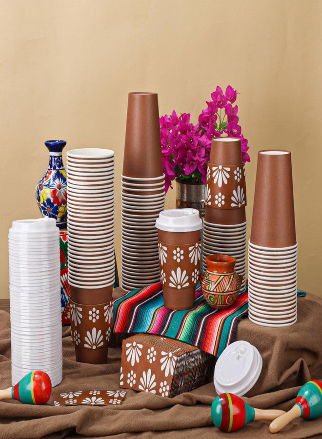 Jingmore 100 Sets 12oz Cielito Lindo De Barro Mexican Coffee Cups with Lids and Sleeves Terracotta Flower Disposable Paper Cups for Birthday Wedding Party Supply(Mexican,Brown) - Image 5