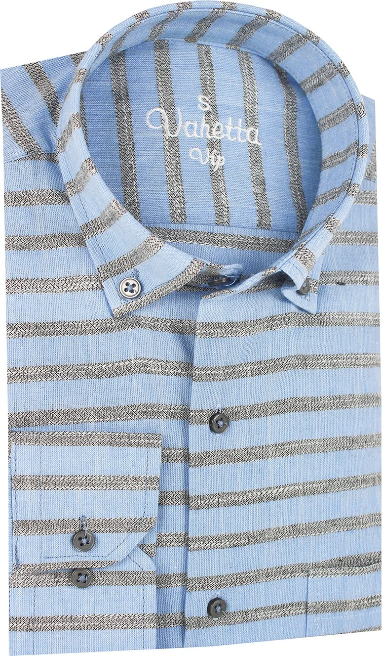 فاريتا Men's Blue Classic Cut Patterned Single Pocket Collar Buttoned Long Sleeve Shirt