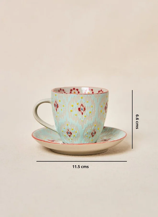 Chumbak  Ikat Fusion Cup & Saucer Set - Teal, 100ml  | Best Price UAE