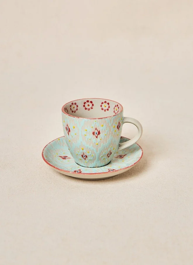 Chumbak Ikat Fusion Cup & Saucer Set - Teal, 100ml