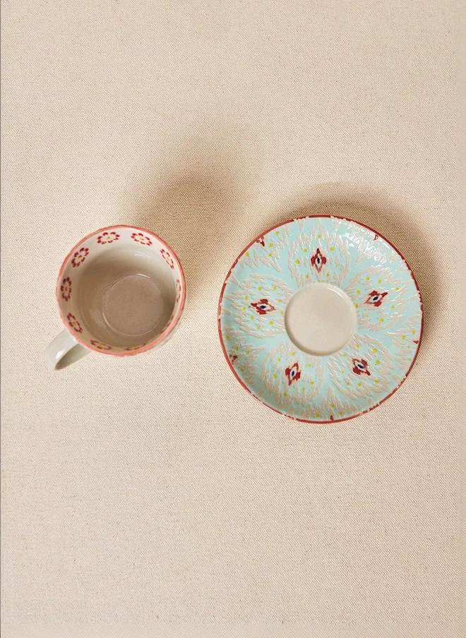 Chumbak  Ikat Fusion Cup & Saucer Set - Teal, 100ml  | Best Price UAE