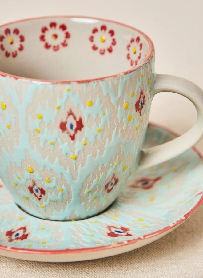 Chumbak  Ikat Fusion Cup & Saucer Set - Teal, 100ml  | Best Price UAE