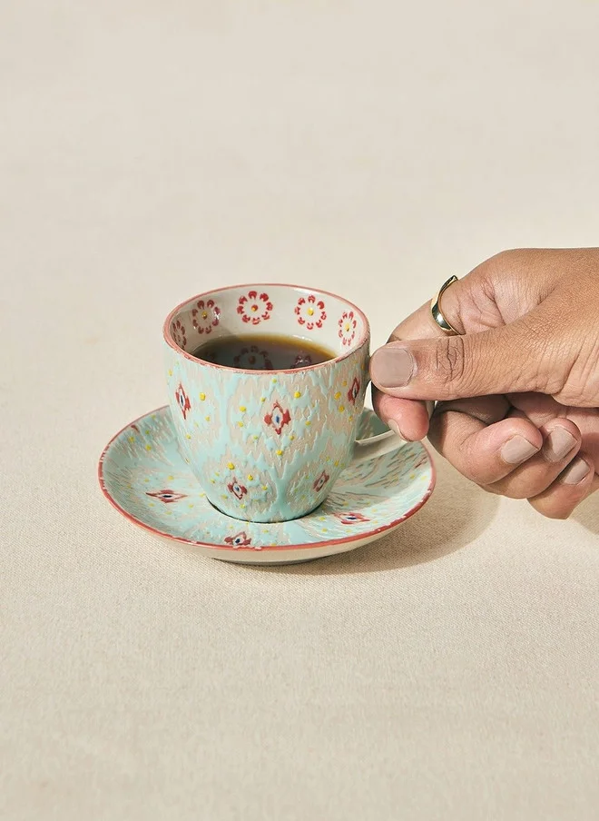Chumbak Ikat Fusion Cup & Saucer Set - Teal, 100ml