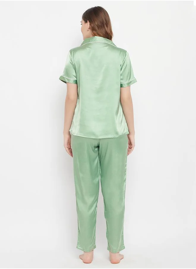 Clovia Satin Button Down Shirt & Pyjama Set by Styli